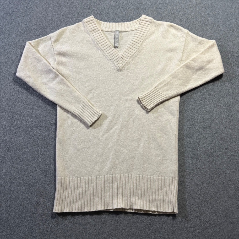Athleta V-Neck Sweater Women XXS Ivory Wool Cashmere Blend Luxe Ribbed Tunic